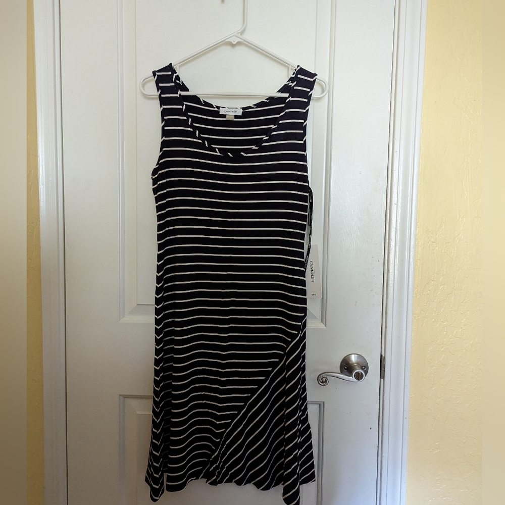 Calvin Klein Navy and White Asymmetrical Dress